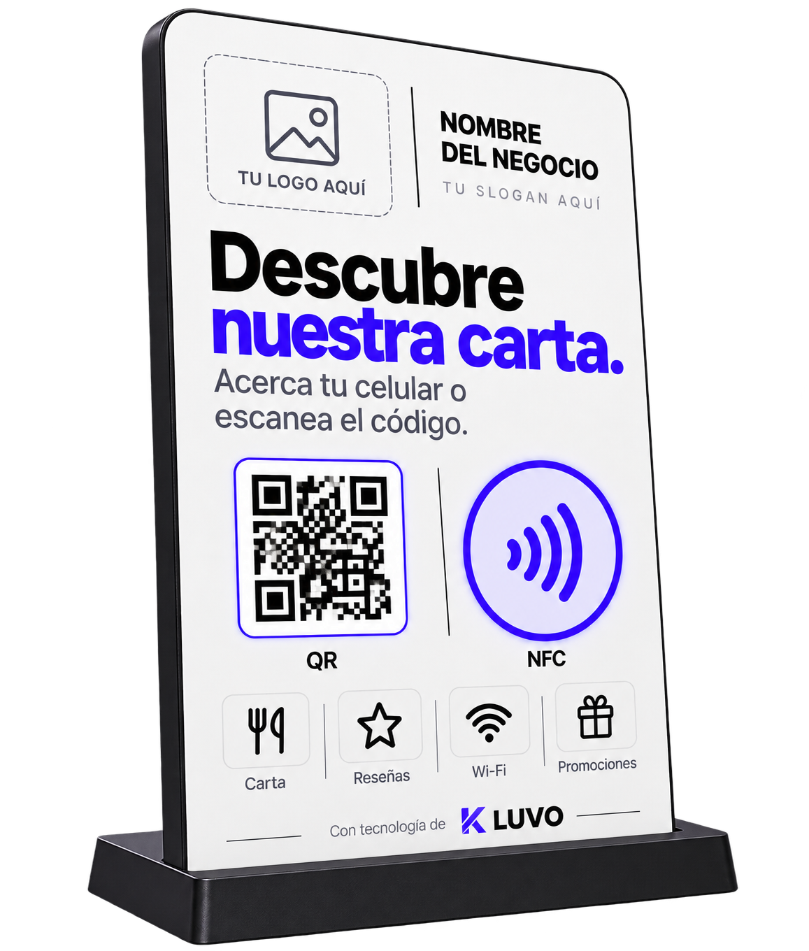 KLUVO TENT, exhibidor de mesa con base en T invertida, QR y NFC